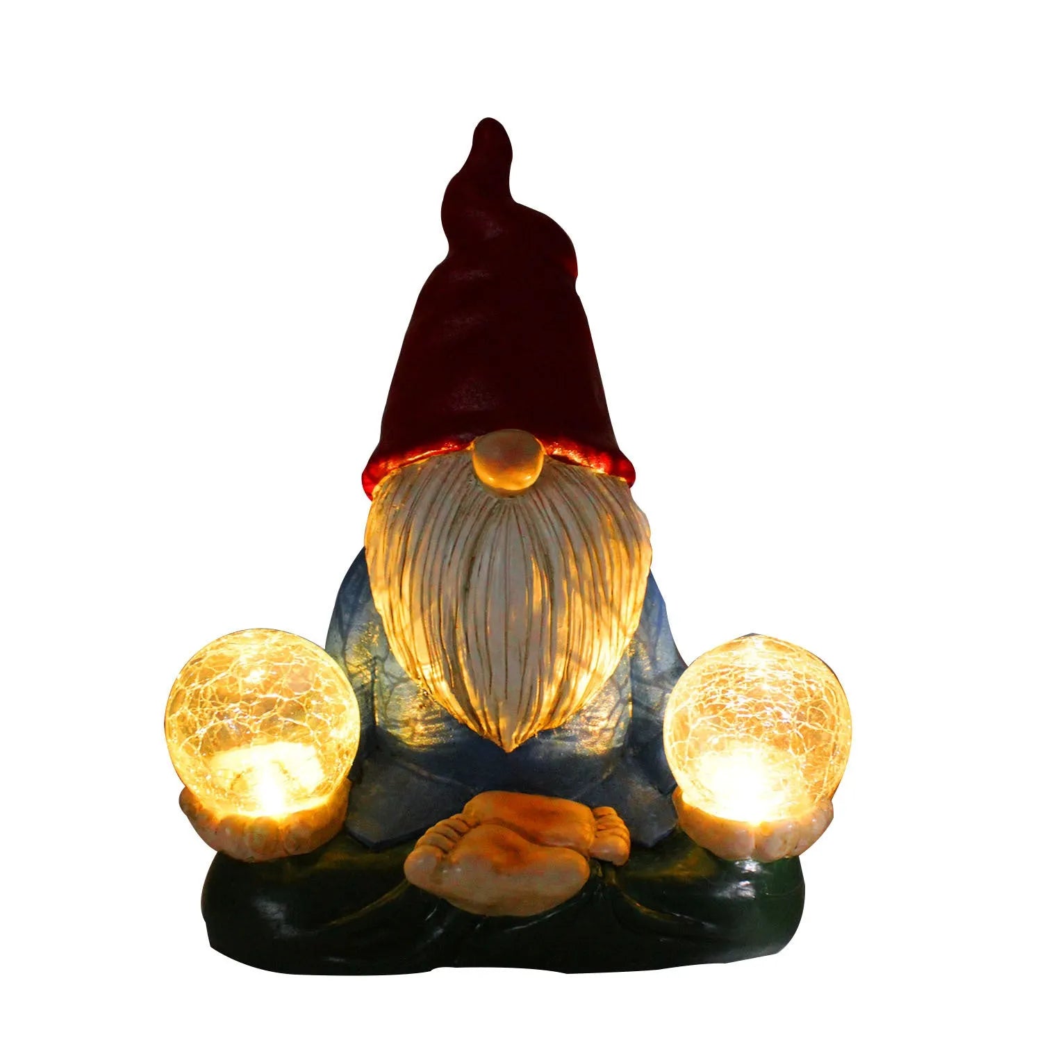 Resin dwarf garden statue with solar LED lights in faceless old man design.