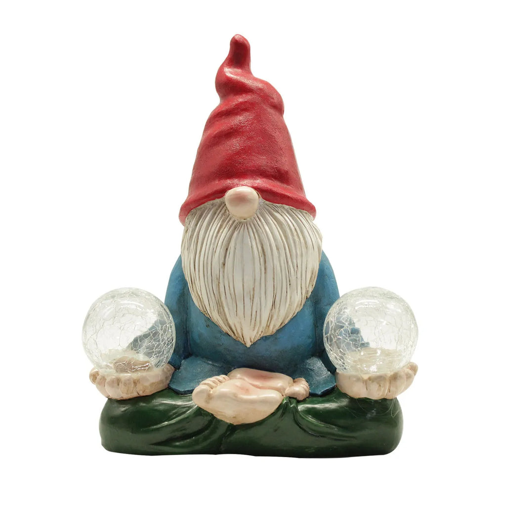Resin dwarf garden statue with solar LED lights in faceless old man design.