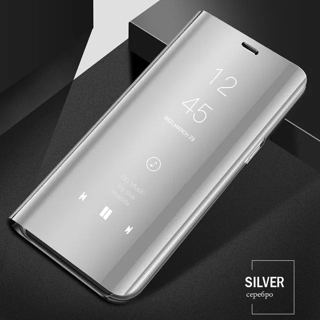 Black mirror flip case with kickstand open, compatible with Samsung Galaxy A50 and A51 phones.