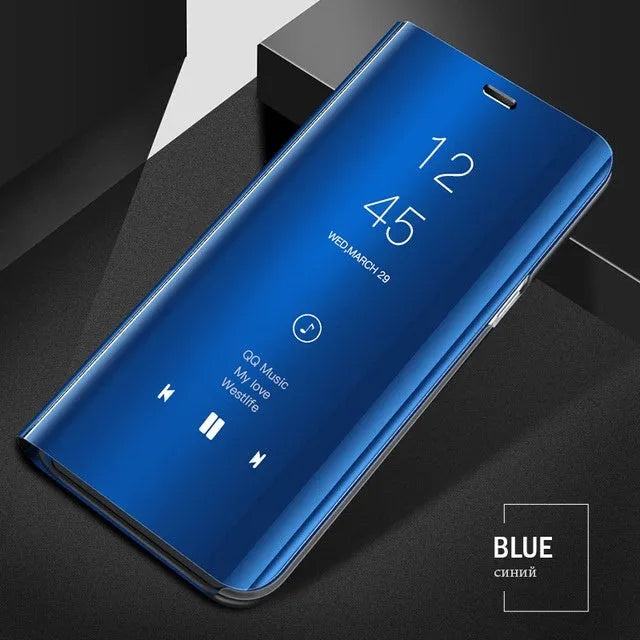 Black mirror flip case with kickstand open, compatible with Samsung Galaxy A50 and A51 phones.