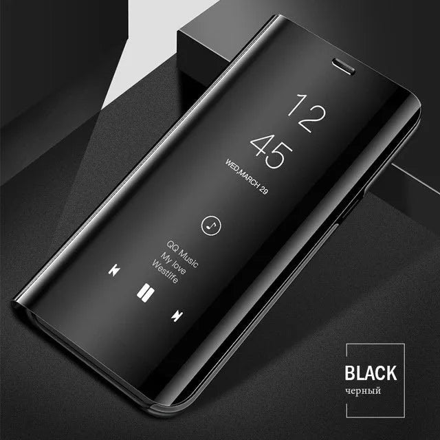 Black mirror flip case with kickstand open, compatible with Samsung Galaxy A50 and A51 phones.