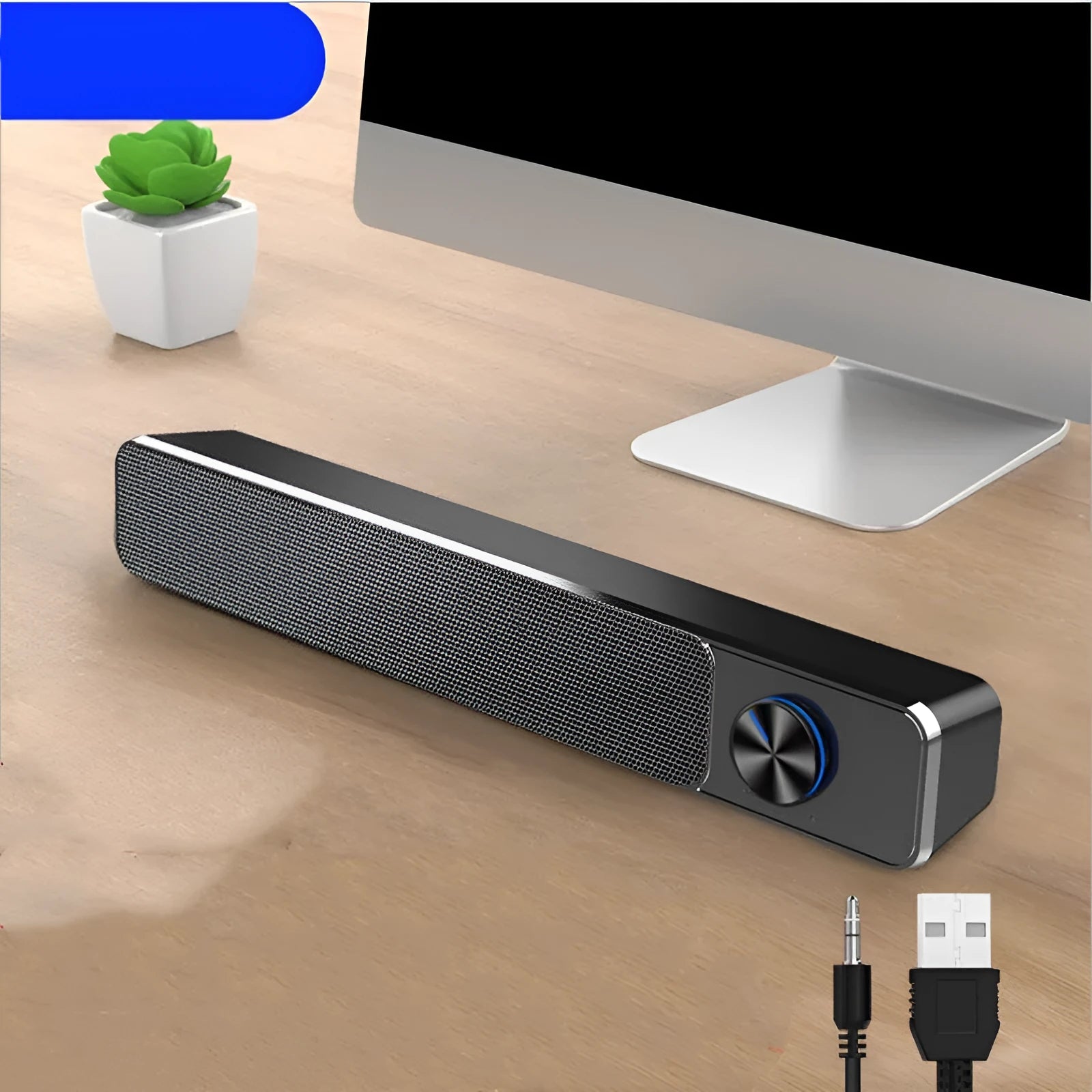 Black and white desktop computer speaker with wired audio connection and 2.0 channel stereo output