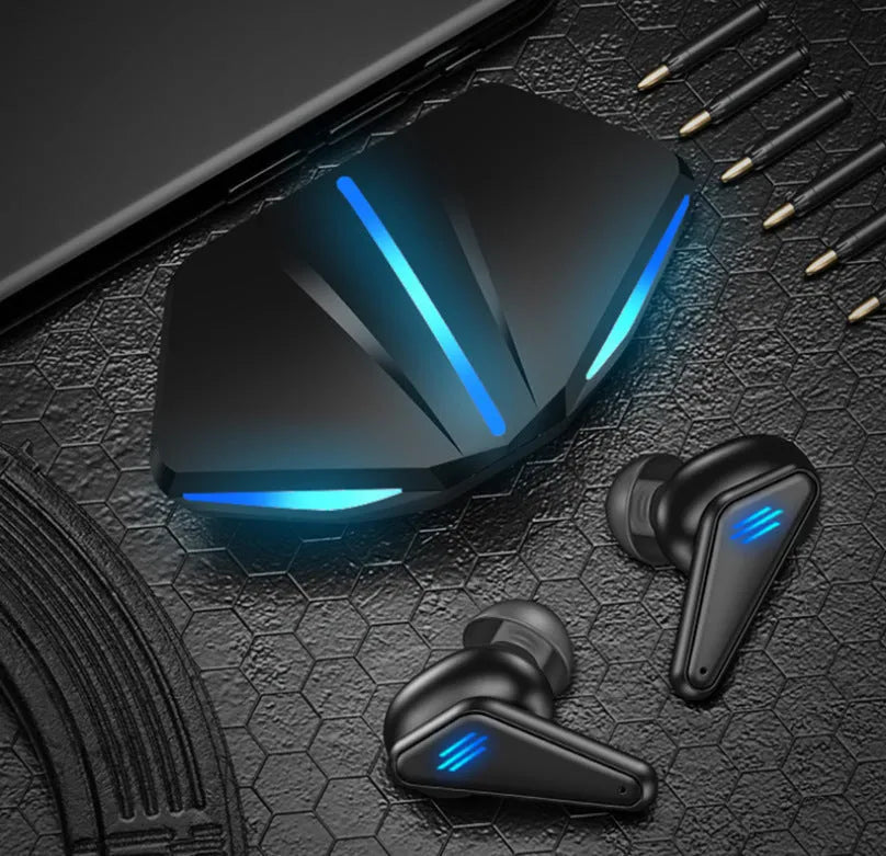 Blue Private Model K55 wireless Bluetooth gaming earbuds with earplug design.