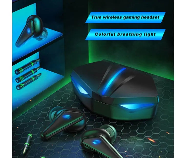 Blue Private Model K55 wireless Bluetooth gaming earbuds with earplug design.