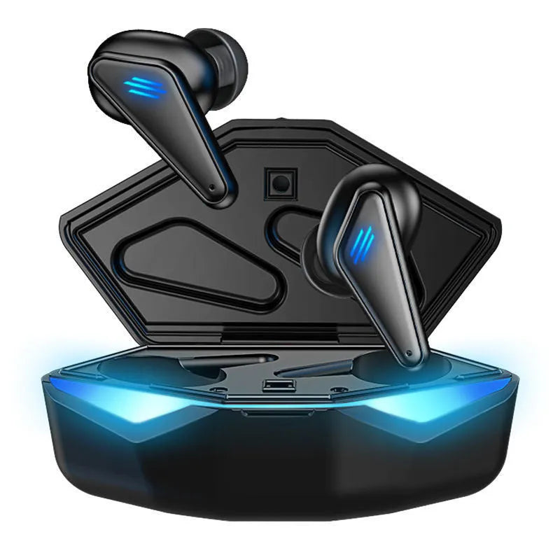 Blue Private Model K55 wireless Bluetooth gaming earbuds with earplug design.