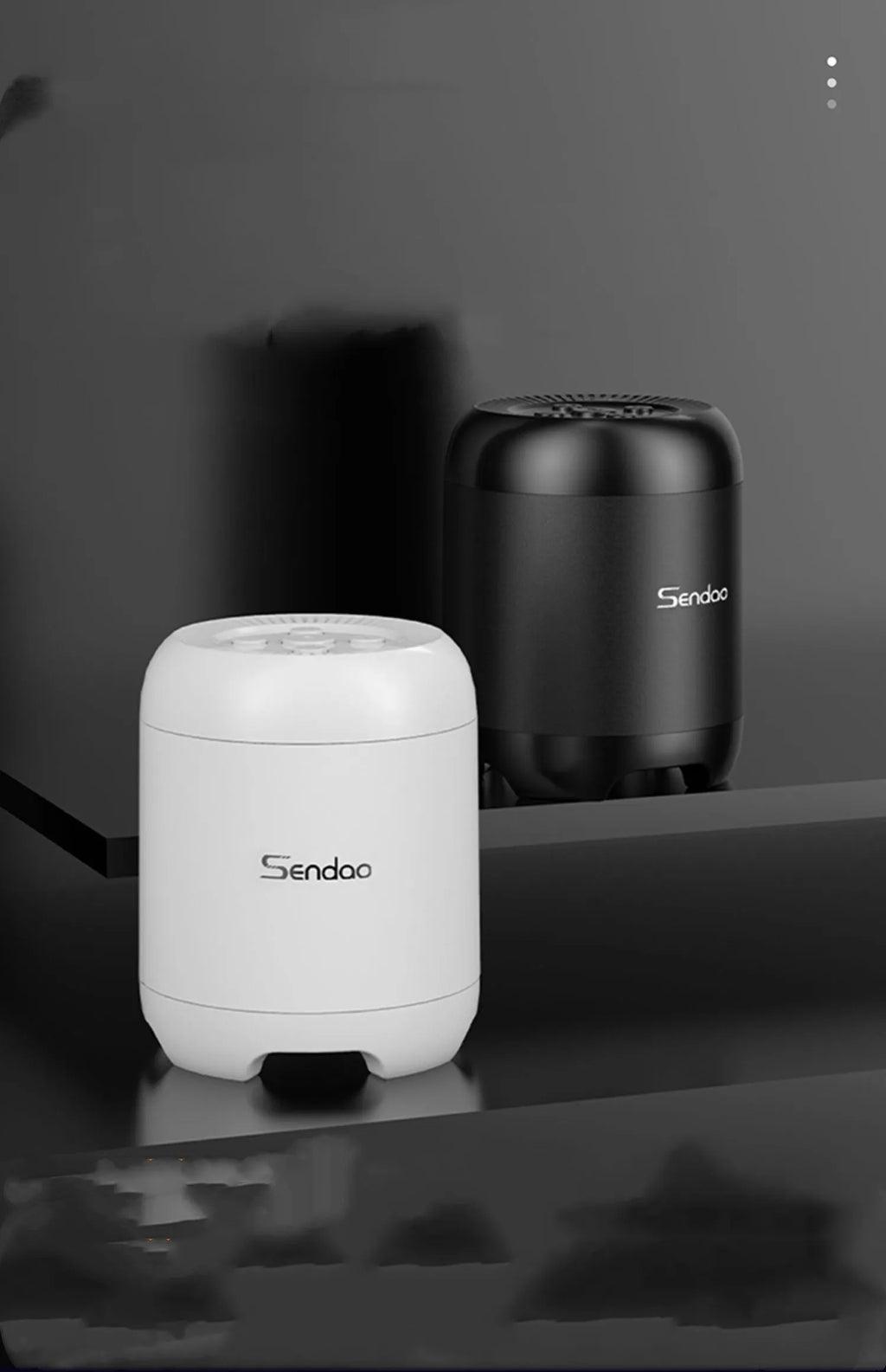 Compact black or white wireless Bluetooth speaker with super subwoofer measuring 90x73x73mm