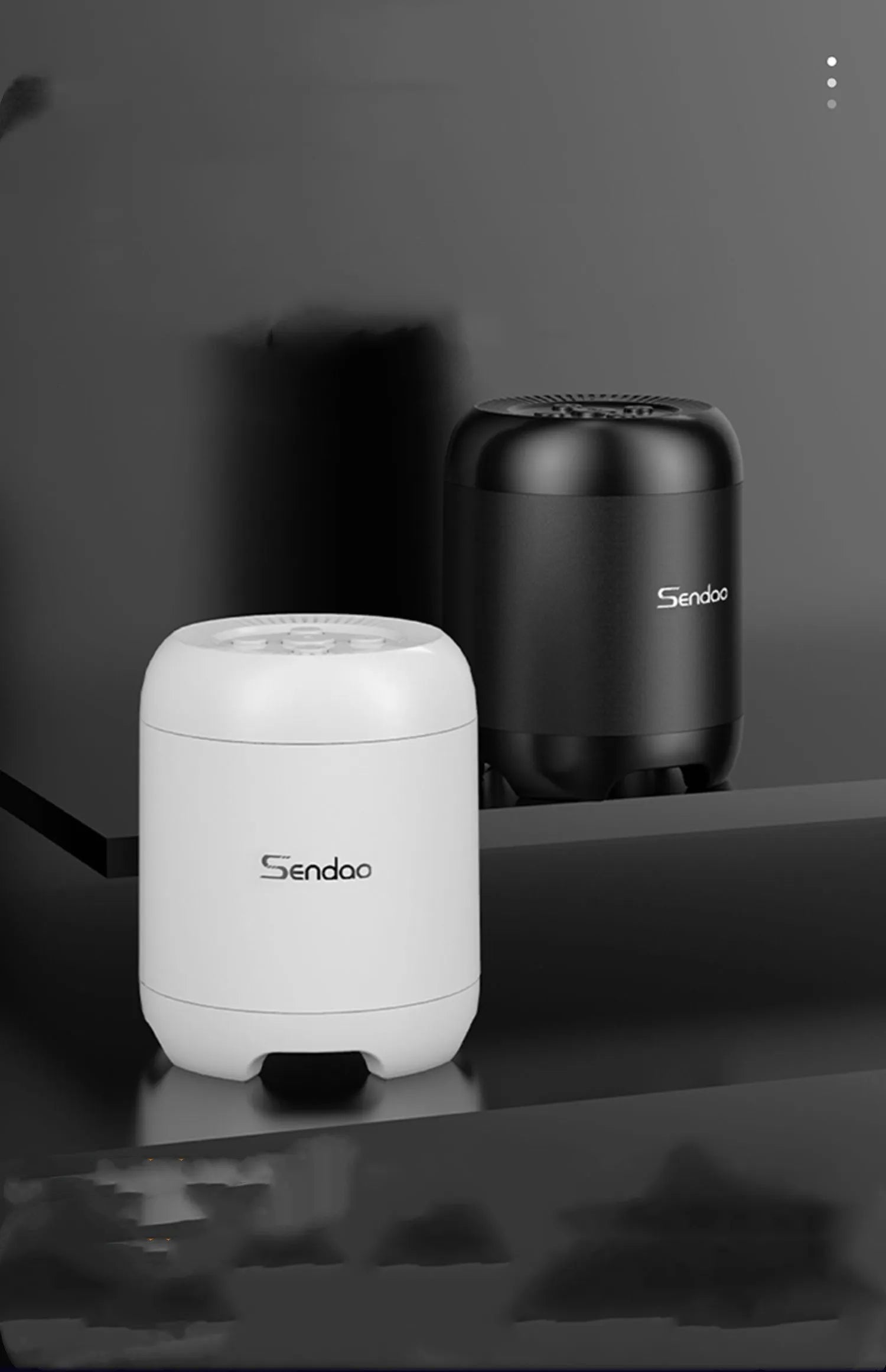 Compact black or white wireless Bluetooth speaker with super subwoofer measuring 90x73x73mm