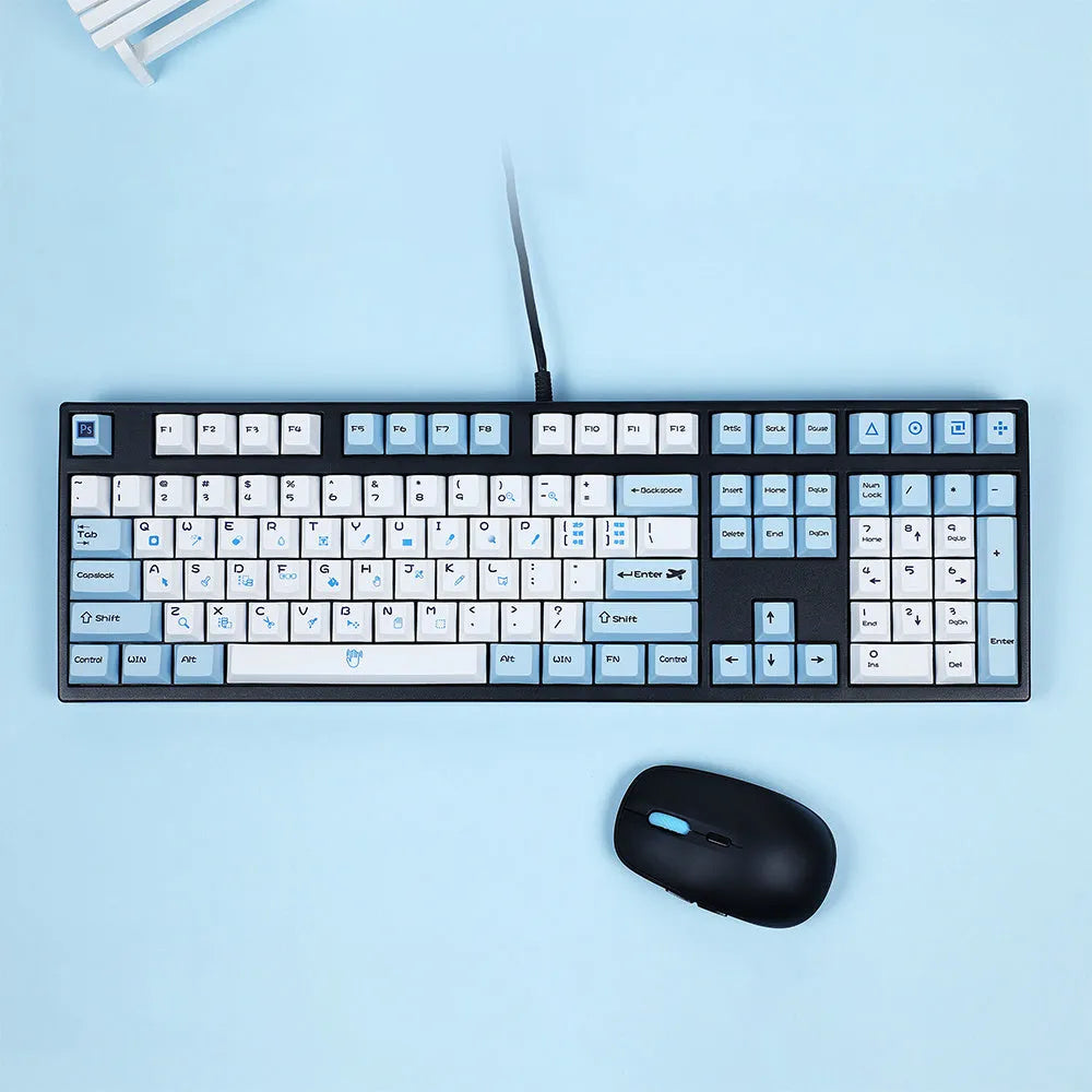 PS theme blue and white sublimation 108-key mechanical keyboard keycap set with supplementary colour packs