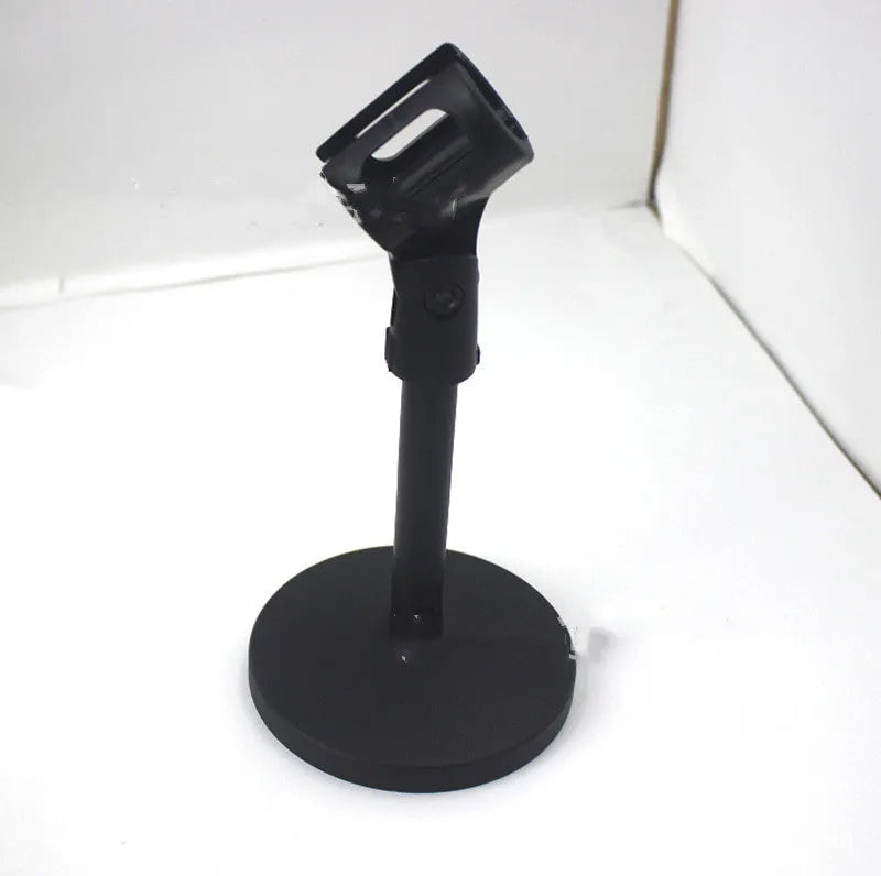 Black metal desktop microphone bracket with 22cm height and 10.5cm circular base