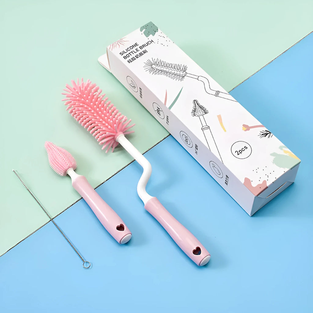 Silicone baby bottle cleaning brush set in pink, blue and yellow colours