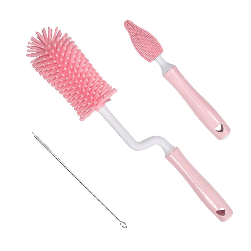 Silicone baby bottle cleaning brush set in pink, blue and yellow colours