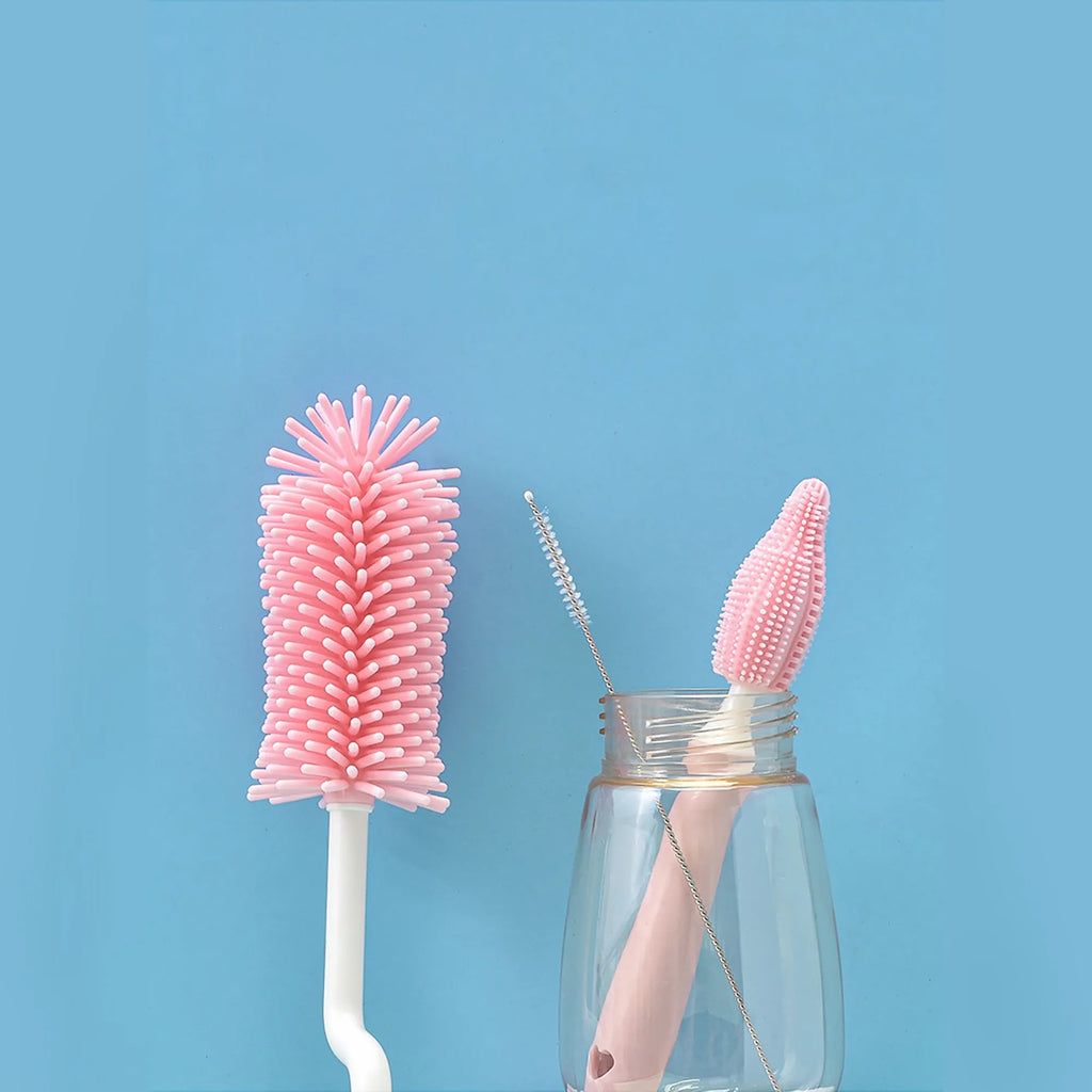 Silicone baby bottle cleaning brush set in pink, blue and yellow colours