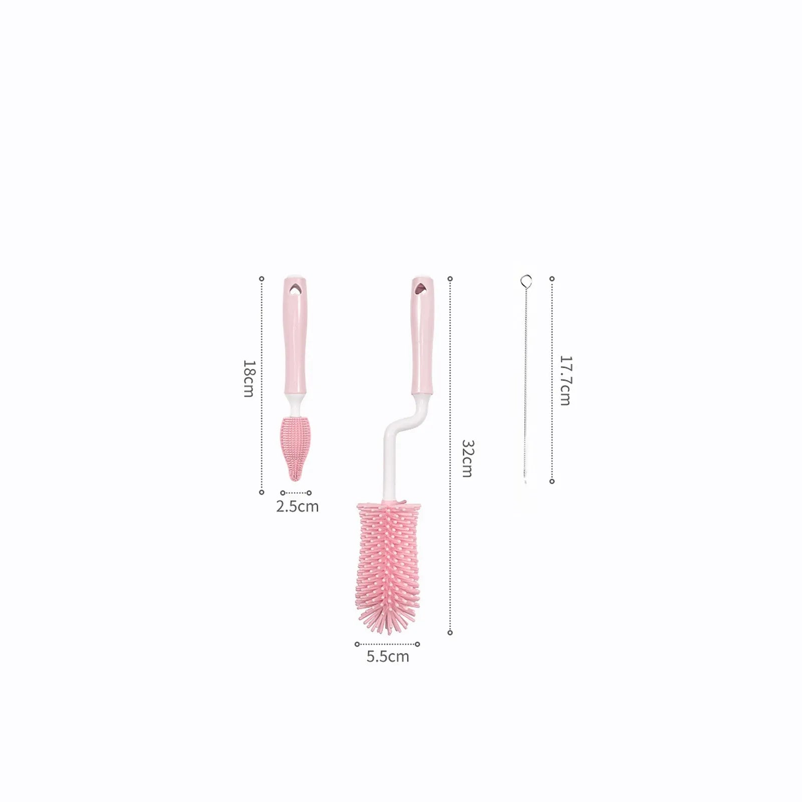 Silicone baby bottle cleaning brush set in pink, blue and yellow colours