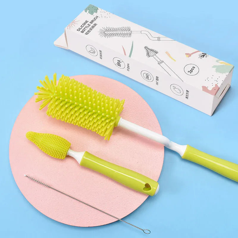 Silicone baby bottle cleaning brush set in pink, blue and yellow colours