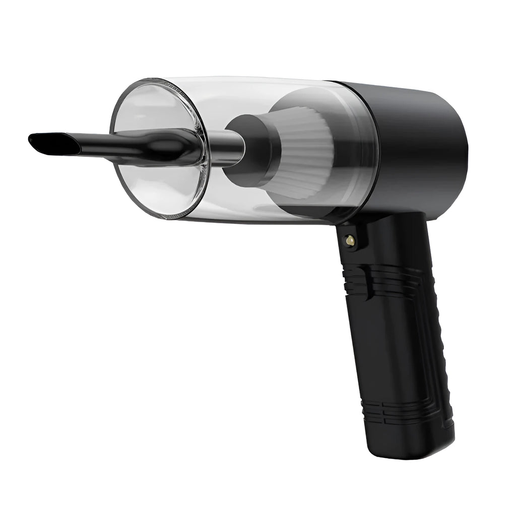 Black and white 12V car vacuum cleaner with long cable and five suction head accessories.