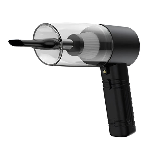 Black and white 12V car vacuum cleaner with long cable and five suction head accessories.