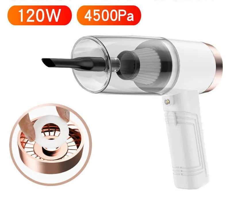Black and white 12V car vacuum cleaner with long cable and five suction head accessories.