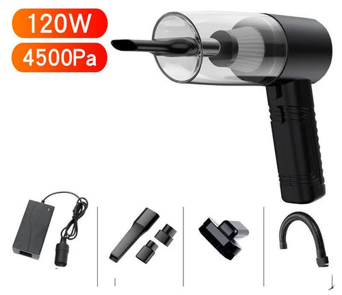 Black and white 12V car vacuum cleaner with long cable and five suction head accessories.