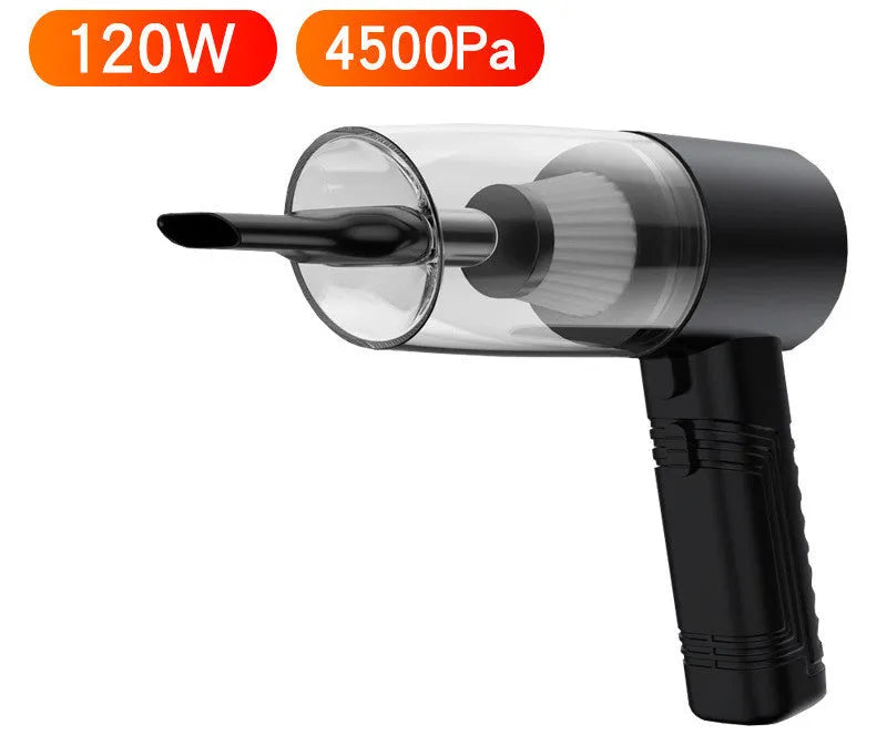 Black and white 12V car vacuum cleaner with long cable and five suction head accessories.