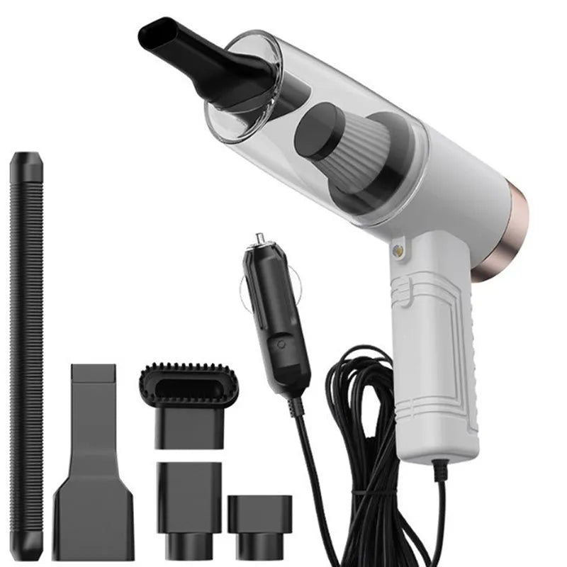 Black and white 12V car vacuum cleaner with long cable and five suction head accessories.