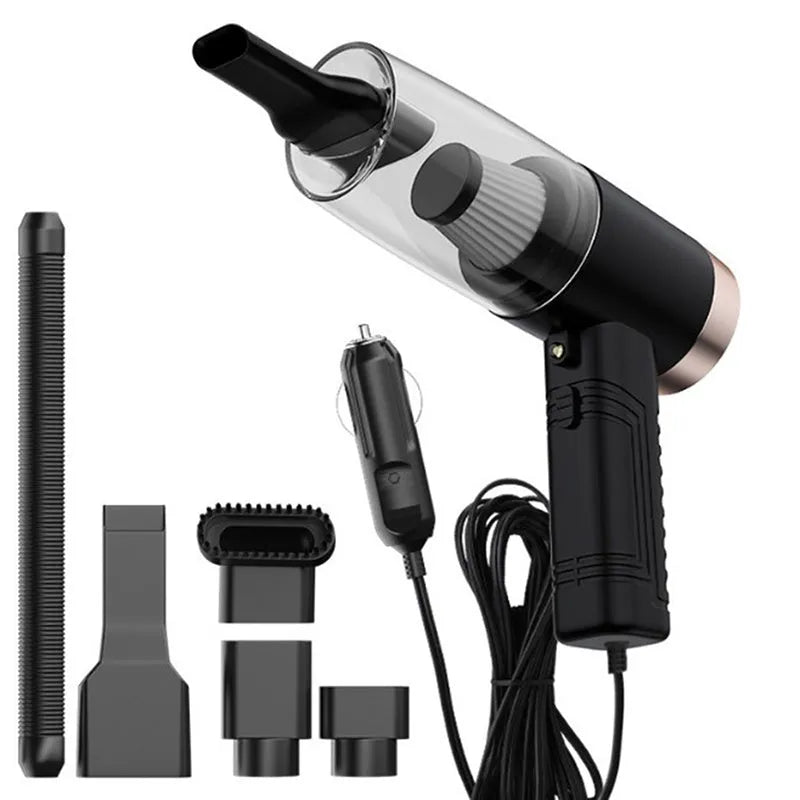 Black and white 12V car vacuum cleaner with long cable and five suction head accessories.