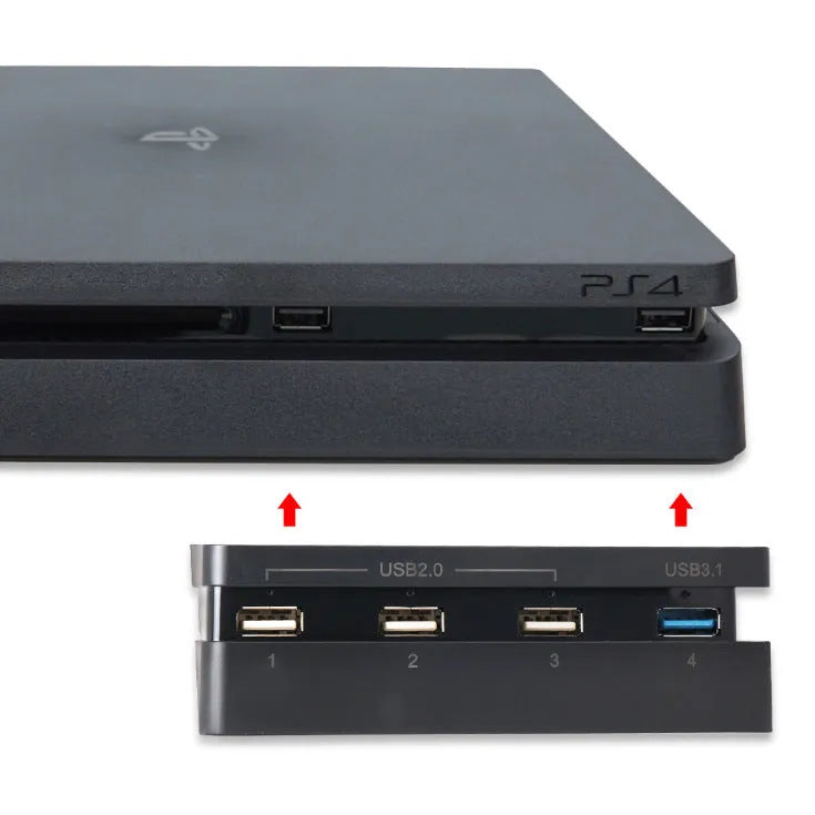Black PS4 Slim USB hub extender with USB 2.0 and 3.0 ports for console connectivity