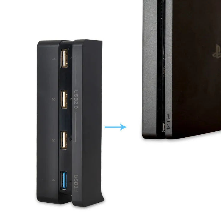 Black PS4 Slim USB hub extender with USB 2.0 and 3.0 ports for console connectivity