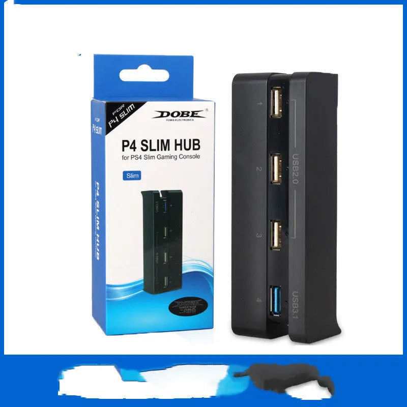 Black PS4 Slim USB hub extender with USB 2.0 and 3.0 ports for console connectivity