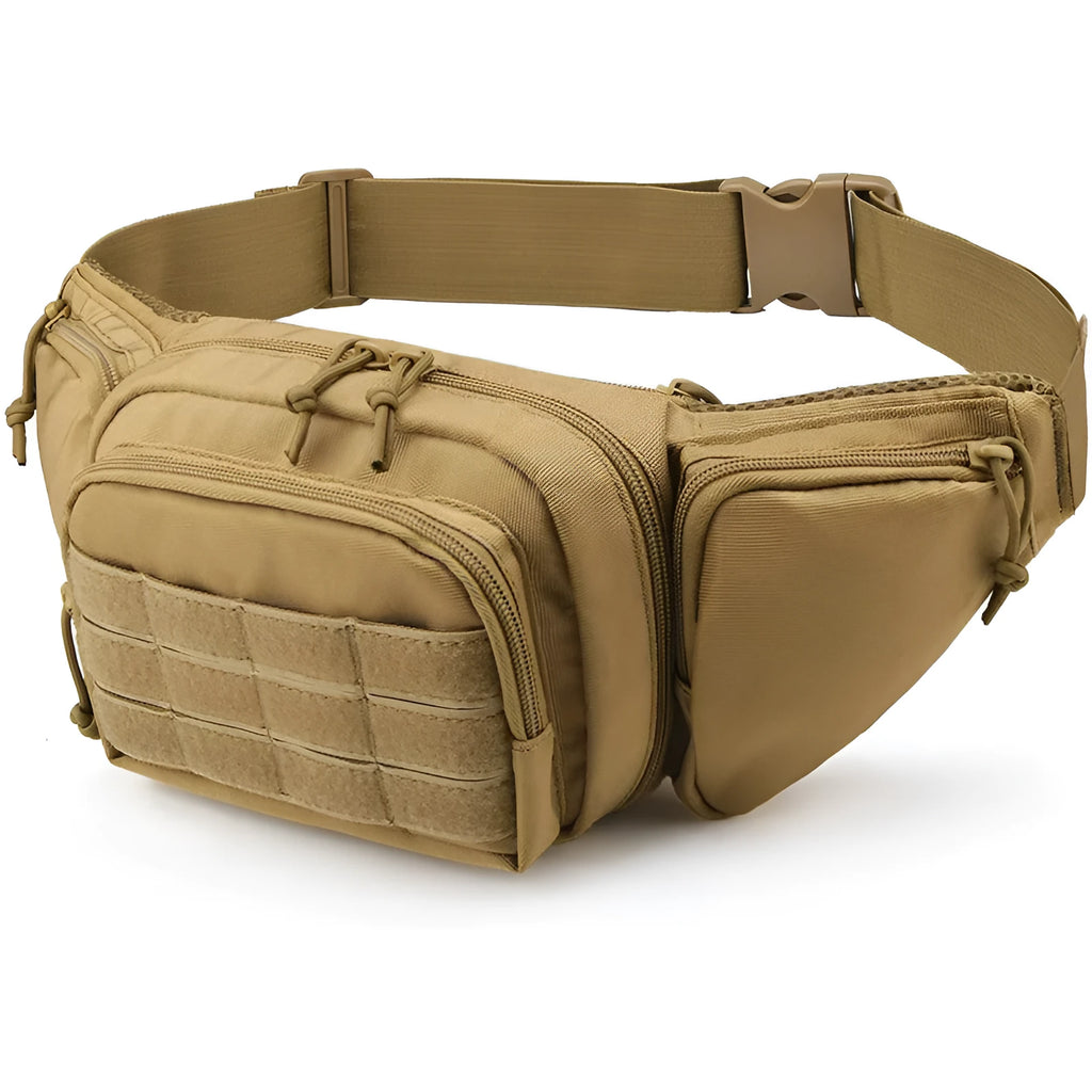 Men's tactical waist bag in black or khaki colour with moderate capacity storage