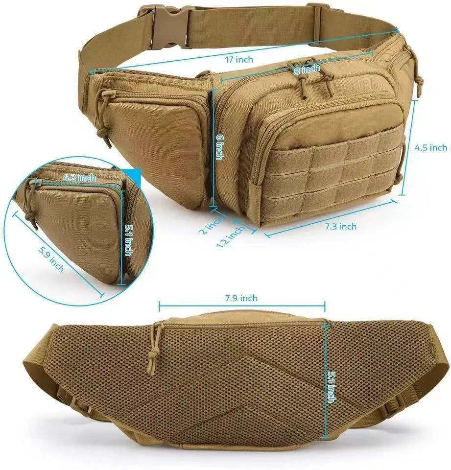 Men's tactical waist bag in black or khaki colour with moderate capacity storage