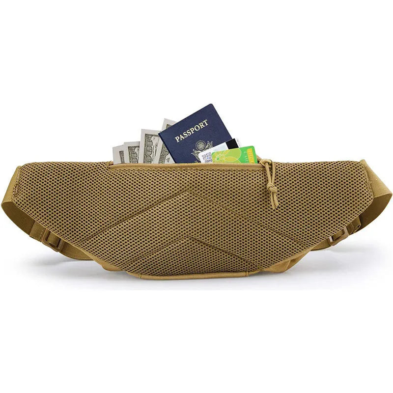 Men's tactical waist bag in black or khaki colour with moderate capacity storage