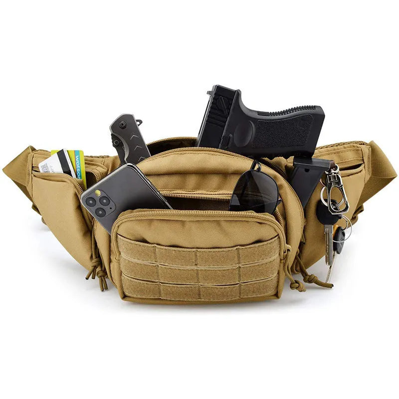Men's tactical waist bag in black or khaki colour with moderate capacity storage