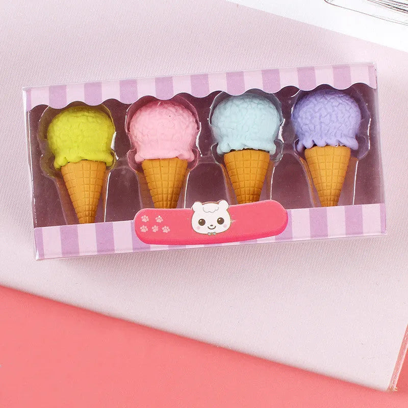 Cartoon food erasers set with cone, ice cream, donut, and lollipop shapes for kindergarten children