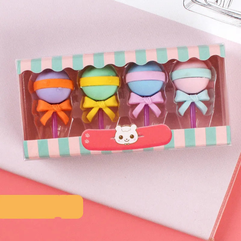 Cartoon food erasers set with cone, ice cream, donut, and lollipop shapes for kindergarten children