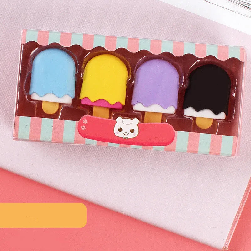 Cartoon food erasers set with cone, ice cream, donut, and lollipop shapes for kindergarten children