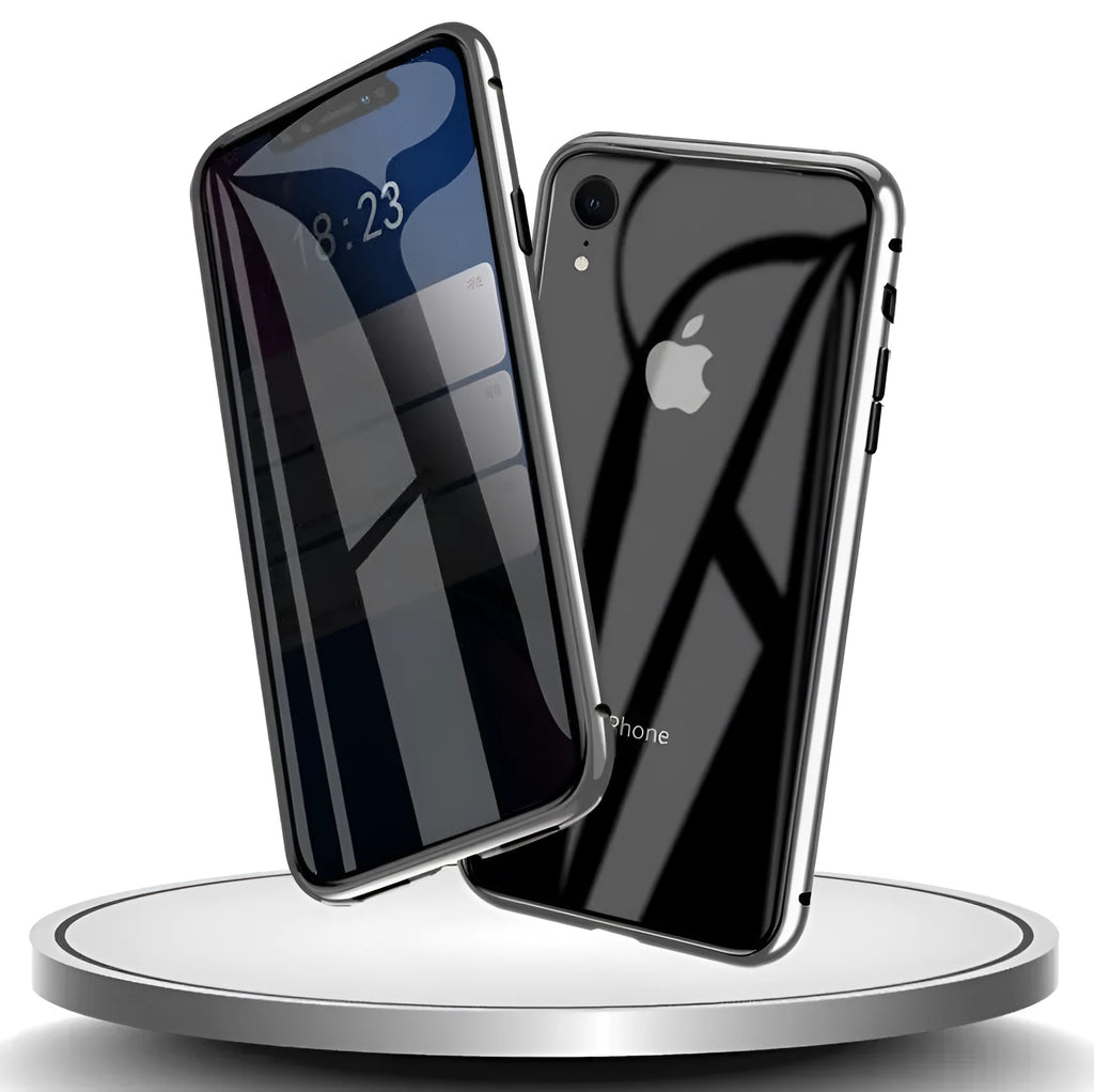 Black glass clamshell anti-spy case on an iPhone, showing geometric design and solid colour.