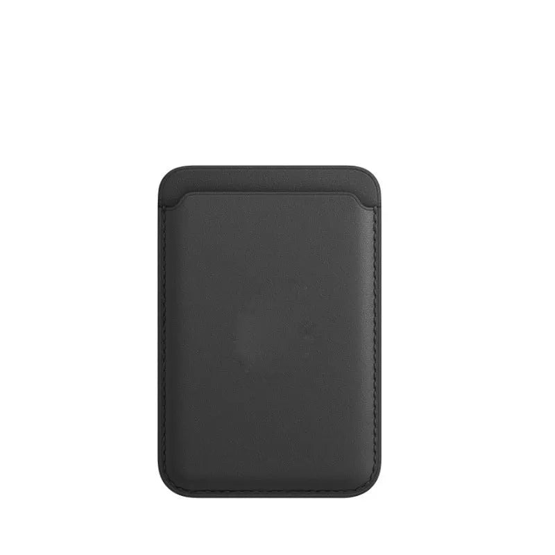 Black PU leather magnetic card holder case attached to the back of an iPhone