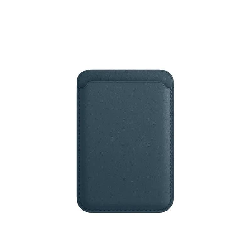 Black PU leather magnetic card holder case attached to the back of an iPhone