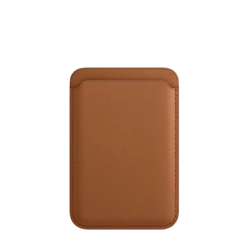 Black PU leather magnetic card holder case attached to the back of an iPhone