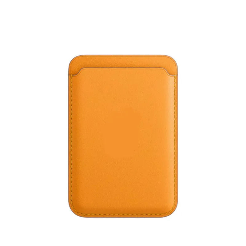 Black PU leather magnetic card holder case attached to the back of an iPhone