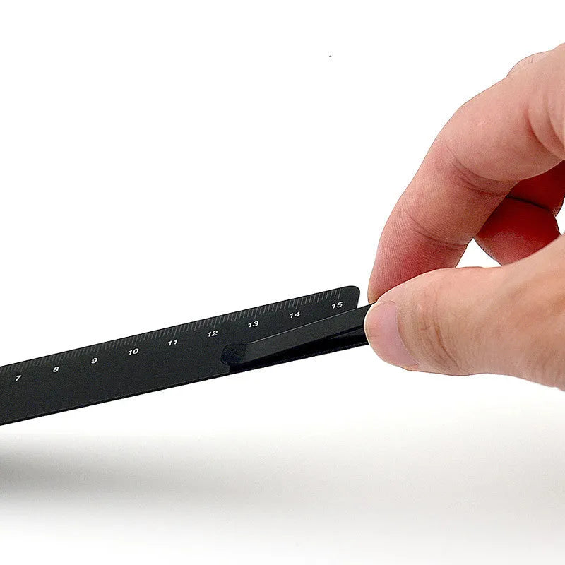15cm aluminium bookmark ruler with laser-engraved markings in black colour
