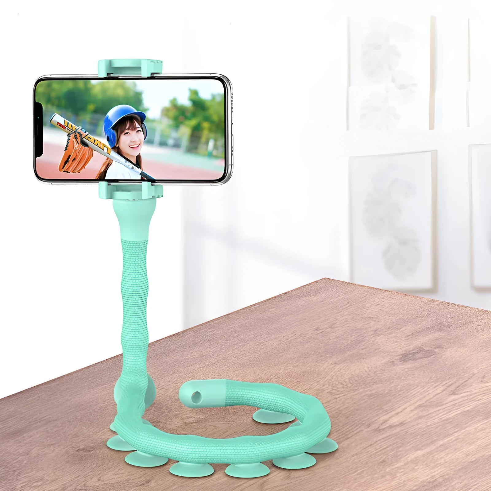 Flexible rubber phone holder with suction cup showing 62cm length and 360° rotation