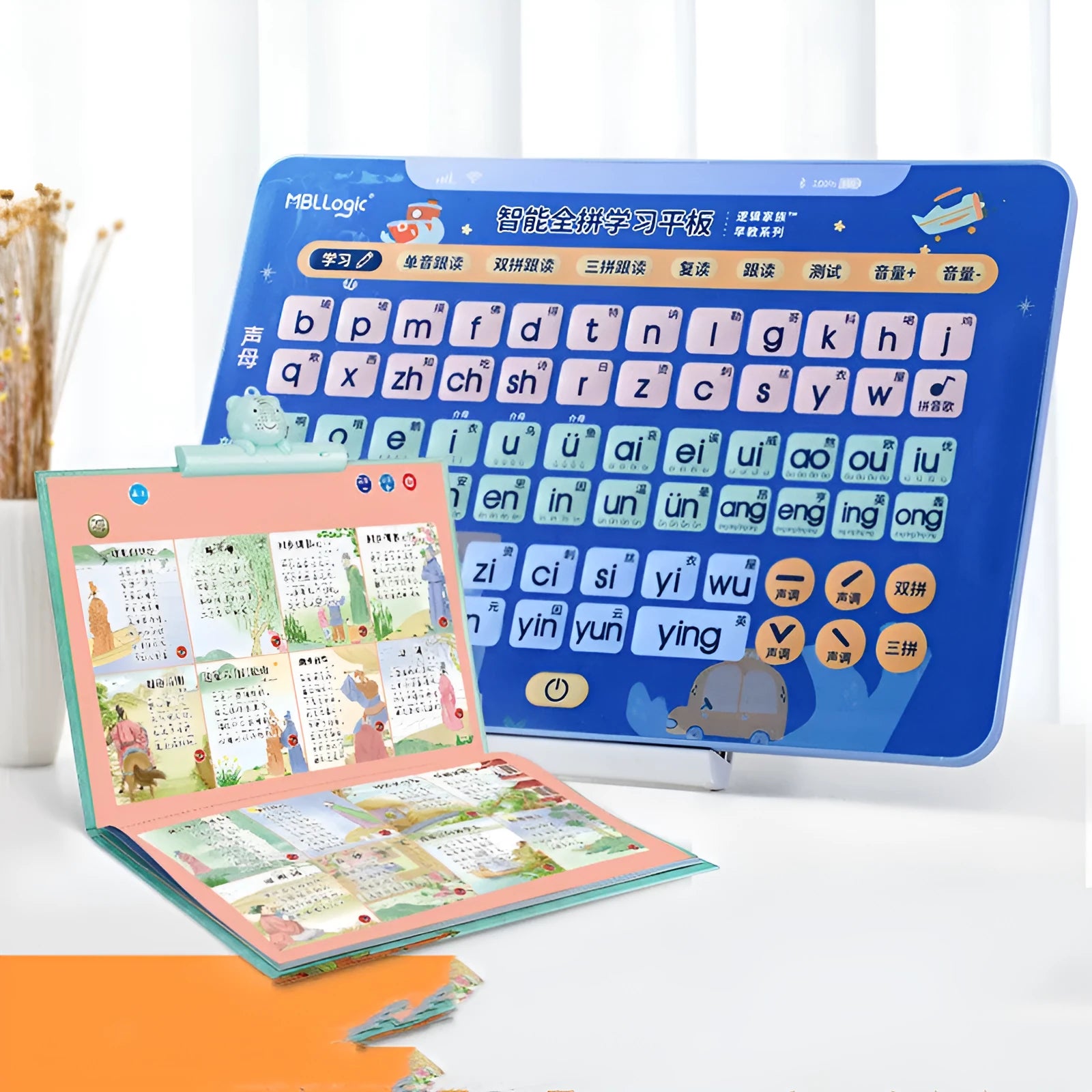 Plastic audio learning wall chart tablet with Pinyin cards for Chinese character training.