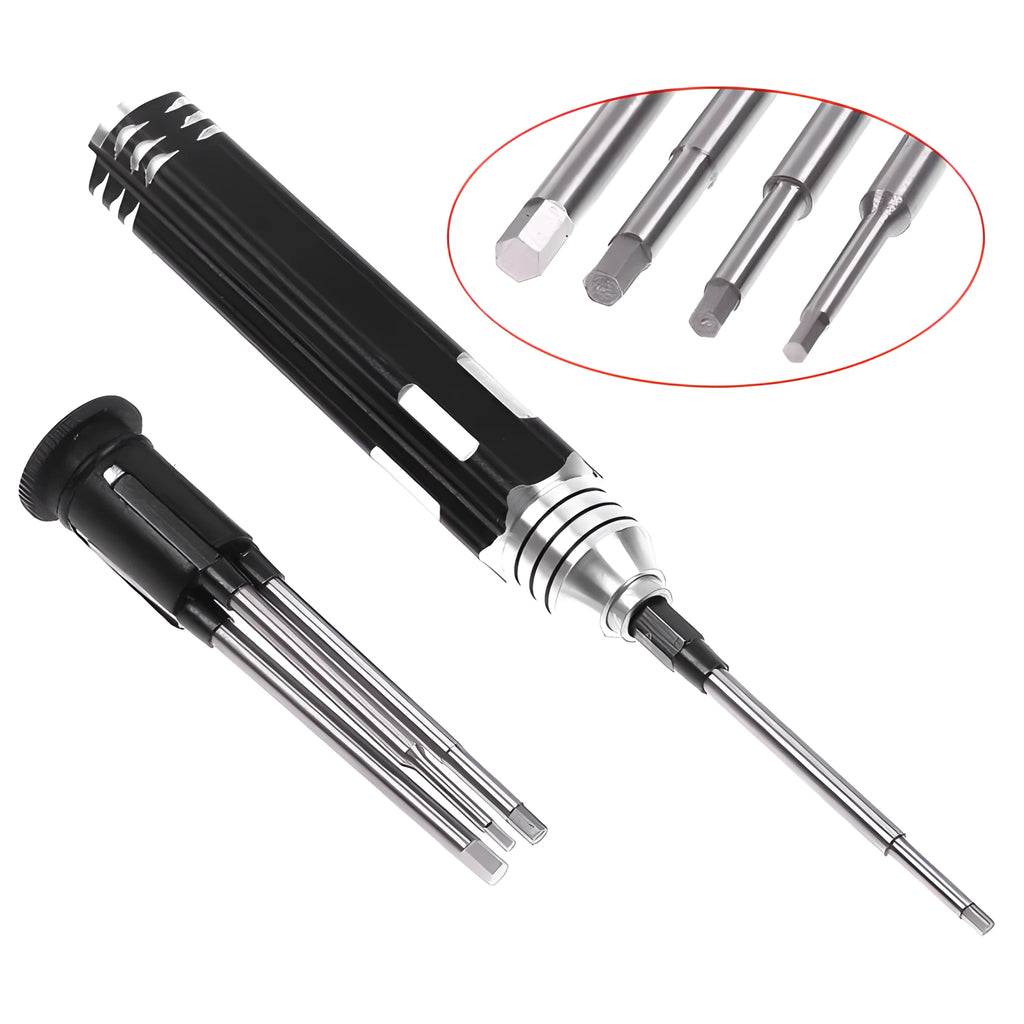 Black hexagon socket screwdriver set with four high-speed steel heads in aluminium handle