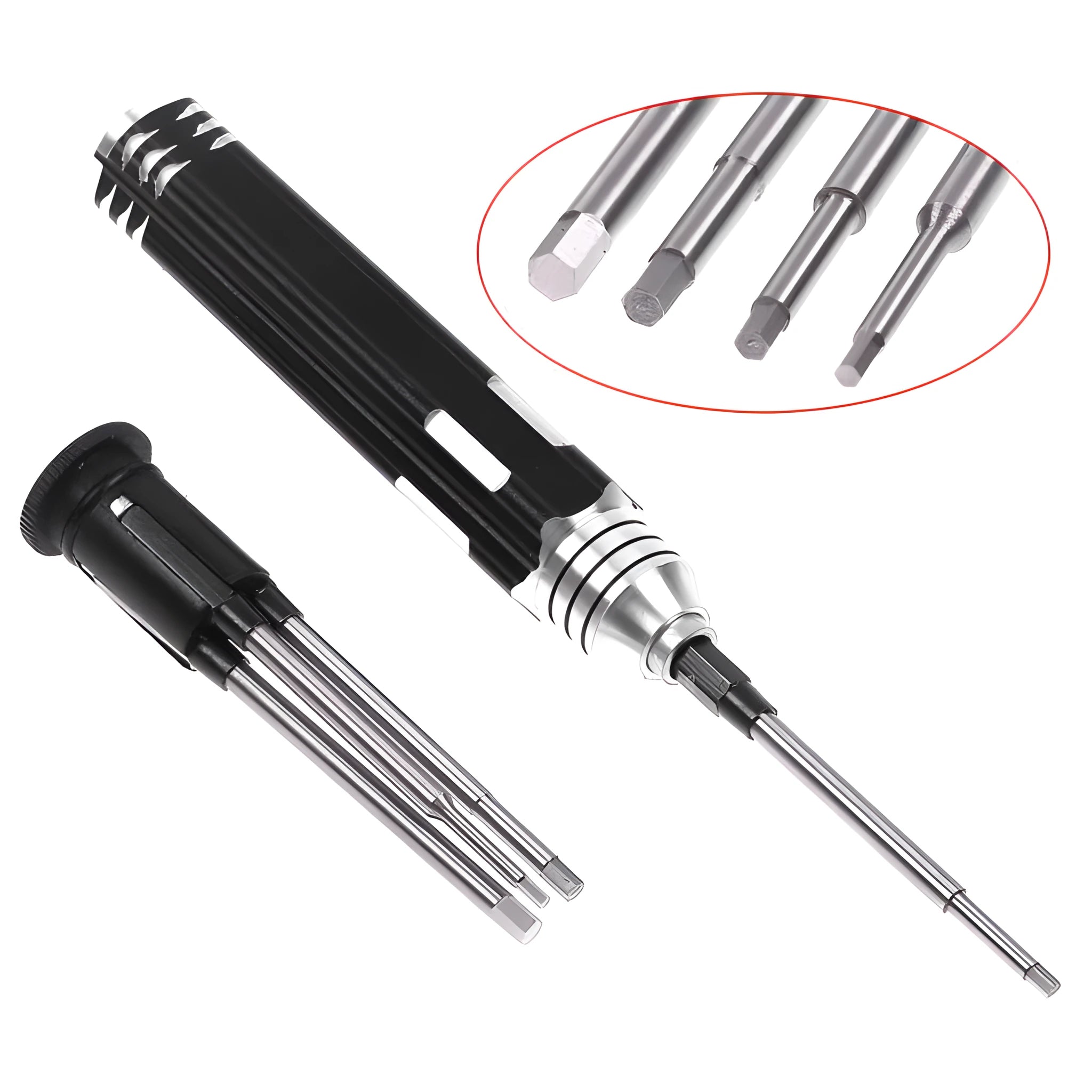 Black hexagon socket screwdriver set with four high-speed steel heads in aluminium handle