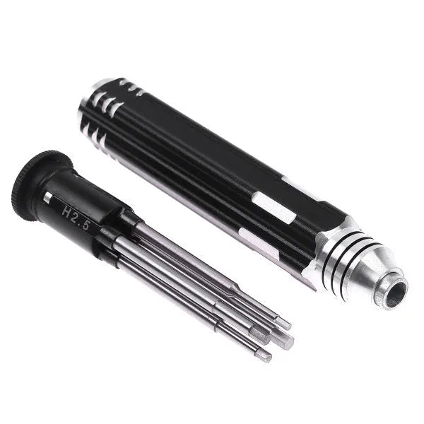 Black hexagon socket screwdriver set with four high-speed steel heads in aluminium handle