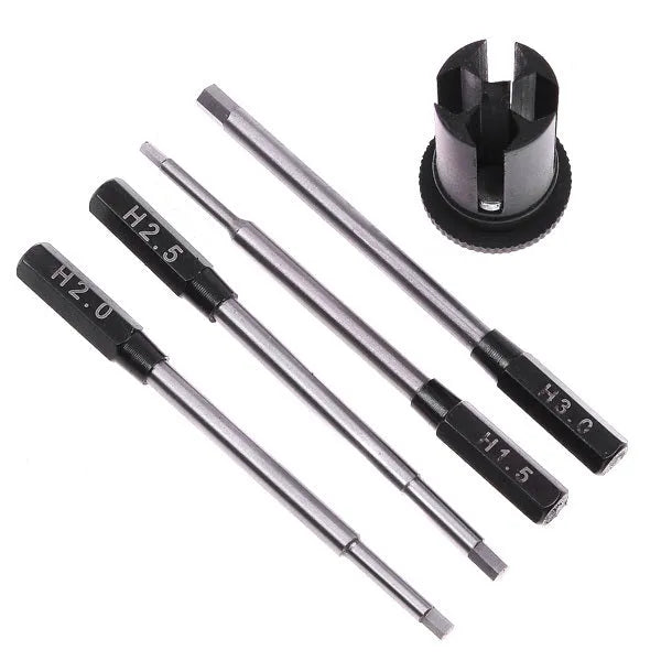 Black hexagon socket screwdriver set with four high-speed steel heads in aluminium handle