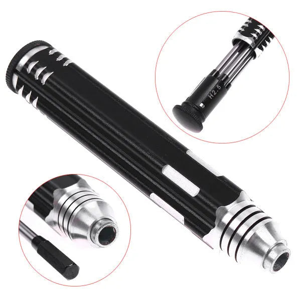 Black hexagon socket screwdriver set with four high-speed steel heads in aluminium handle