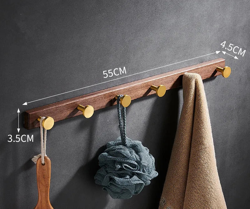 Black walnut bathroom clothes hooks with aluminium backing in multiple hook configurations