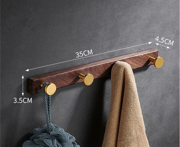 Black walnut bathroom clothes hooks with aluminium backing in multiple hook configurations
